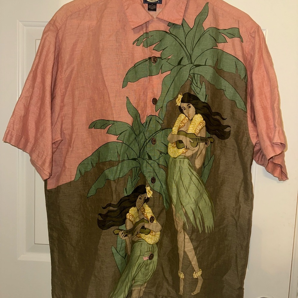 Tommy Bahama Tropical Hawaiian Island Hula girl Print Men's Shirt Linen size M